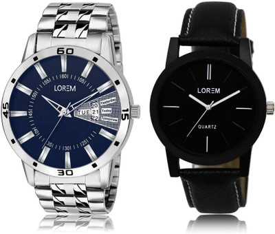

LOREM LR5-102 Stylish Black & Blue Round Boy's Leather & Metal Bracelet Watch - For Men