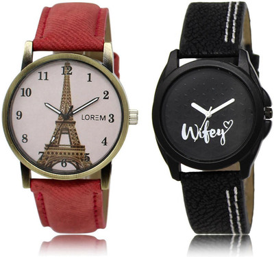 

LOREM LR230-234 Stylish Black & Pink Round Girl's Leather Watch - For Women