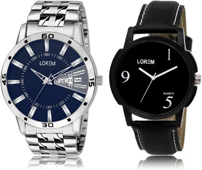 

LOREM LR6-102 Stylish Black & Blue Round Boy's Leather & Metal Bracelet Watch - For Men