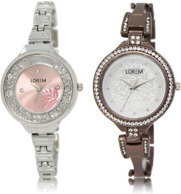 

LOREM LR226-236 Stylish Silver & Pink Round Girl's Metal Bracelet Watch - For Women