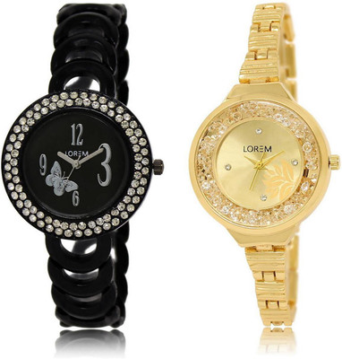 

LOREM LR201-224 Stylish Gold & Black Round Girl's Metal Bracelet Watch - For Women