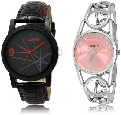 

LOREM LR8-233 Stylish Pink & Black Round Boy's & Girl's Metal Bracelet & Leather Watch - For Men & Women