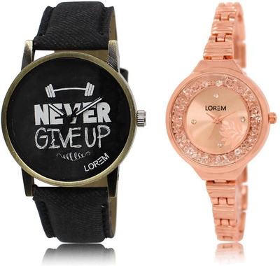 

LOREM LR27-225 Stylish Rose Gold & Black Round Boy's & Girl's Metal Bracelet & Leather Watch - For Men & Women