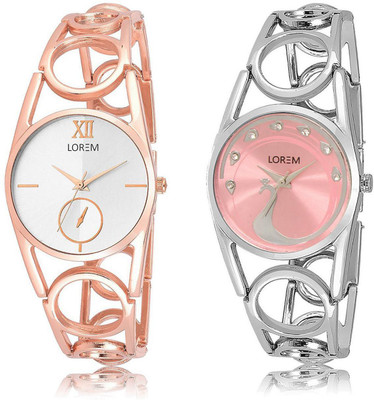 

LOREM LR213-233 Stylish Pink & Silver Round Girl's Metal Bracelet Watch - For Women