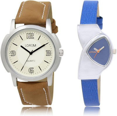 

LOREM LR16-208 Stylish Blue & White Triangle & Round Boy's & Girl's Leather Watch - For Men & Women