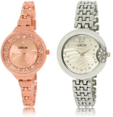 

LOREM LR225-227 Stylish Silver & Rose Gold Round Girl's Metal Bracelet Watch - For Women