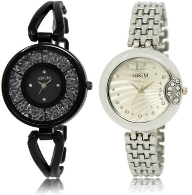 LOREM LR211-227 Stylish Silver & Black Round Girl's Metal Bracelet Watch - For Women