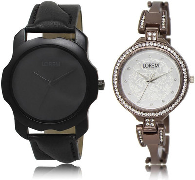 

LOREM LR22-236 Stylish Silver & Black Round Boy's & Girl's Metal Bracelet & Leather Watch - For Men & Women