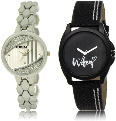 

LOREM LR223-234 Stylish Black & Silver Round Girl's Leather & Metal Bracelet Watch - For Women