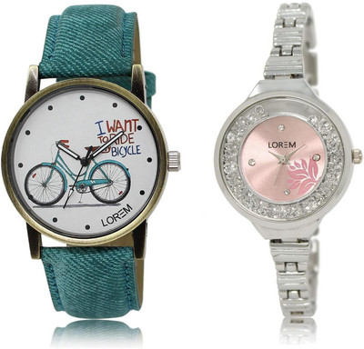 

LOREM LR226-229 Stylish Pink & White Round Girl's Metal Bracelet & Leather Watch - For Women