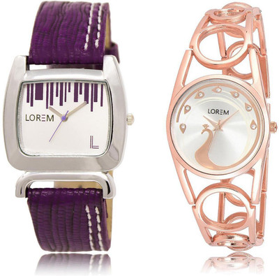 

LOREM LR207-232 Stylish Silver & White Round & Square Girl's Metal Bracelet & Leather Watch - For Women