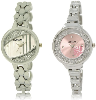 

LOREM LR223-226 Stylish Pink & Silver Round Girl's Metal Bracelet Watch - For Women