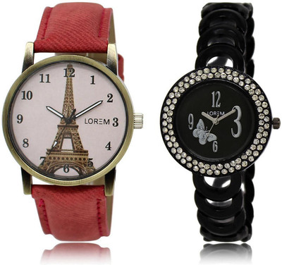 

LOREM LR201-230 Stylish Black & Pink Round Girl's Metal Bracelet & Leather Watch - For Women