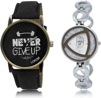 

LOREM LR27-240 Stylish Silver & Black Round Boy's & Girl's Metal Bracelet & Leather Watch - For Men & Women