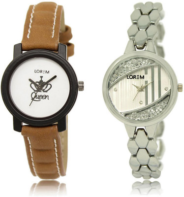 

LOREM LR209-223 Stylish Silver & White Round Girl's Metal Bracelet & Leather Watch - For Women
