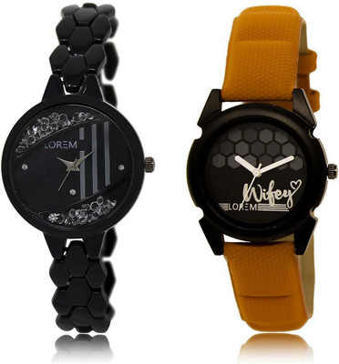 

LOREM LR221-235 Stylish Black Round Girl's Leather & Metal Bracelet Watch - For Women