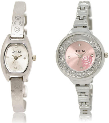 

LOREM LR219-226 Stylish Pink & Silver Round & Contemporary Girl's Metal Bracelet Watch - For Women