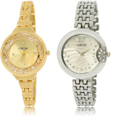 

LOREM LR224-227 Stylish Silver & Gold Round Girl's Metal Bracelet Watch - For Women