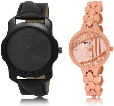 

LOREM LR22-222 Stylish Rose Gold & Black Round Boy's & Girl's Metal Bracelet & Leather Watch - For Men & Women