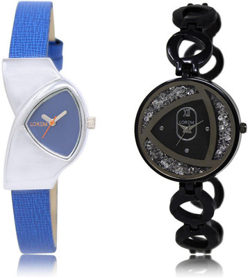 

LOREM LR208-237 Stylish Silver & Blue Round & Triangle Girl's Metal Bracelet & Leather Watch - For Women