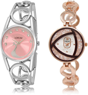 

LOREM LR233-238 Stylish Silver & Pink Round Girl's Metal Bracelet Watch - For Women