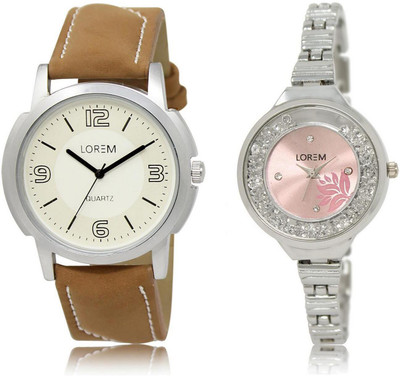 

LOREM LR16-226 Stylish Pink & White Round Boy's & Girl's Metal Bracelet & Leather Watch - For Men & Women