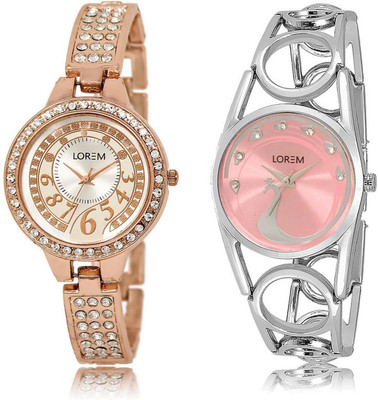 

LOREM LR216-233 Stylish Pink & Silver Round Girl's Metal Bracelet Watch - For Women