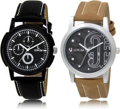 LOREM Black Round Boy's Leather Analog Watch  - For Men