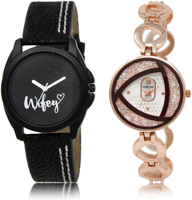 

LOREM LR234-238 Stylish Silver & Black Round Girl's Metal Bracelet & Leather Watch - For Women