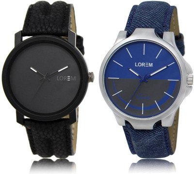 LOREM Blue & Black Round Boy's Leather Analog Watch  - For Men