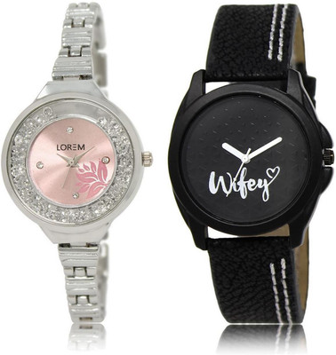 

LOREM LR226-234 Stylish Black & Pink Round Girl's Leather & Metal Bracelet Watch - For Women