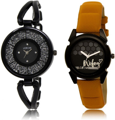 

LOREM LR211-235 Stylish Black Round Girl's Leather & Metal Bracelet Watch - For Women