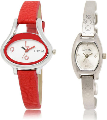 

LOREM LR206-219 Stylish Silver & White Contemporary & Oval Girl's Metal Bracelet & Leather Watch - For Women