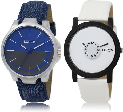 

LOREM LR24-26 Stylish White & Blue Round Boy's Leather Watch - For Men
