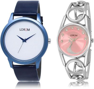 

LOREM LR33-233 Stylish Pink & White Round Boy's & Girl's Metal Bracelet & Leather Watch - For Men & Women