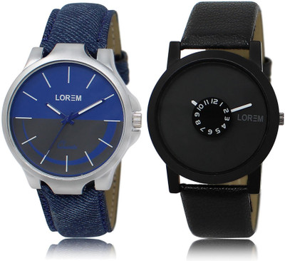

LOREM LR24-25 Stylish Black & Blue Round Boy's Leather Watch - For Men