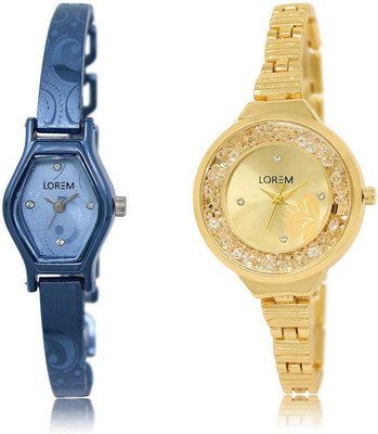 LOREM LR218-224 Stylish Gold & Blue Round & Contemporary Girl's Metal Bracelet Watch - For Women