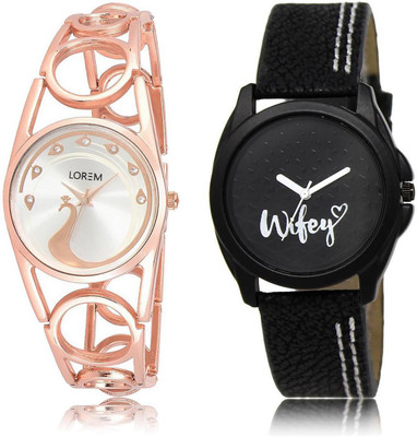 

LOREM LR232-234 Stylish Black & Silver Round Girl's Leather & Metal Bracelet Watch - For Women