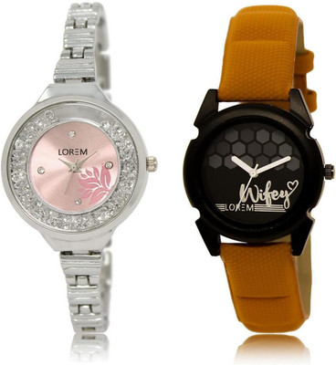 

LOREM LR226-235 Stylish Black & Pink Round Girl's Leather & Metal Bracelet Watch - For Women
