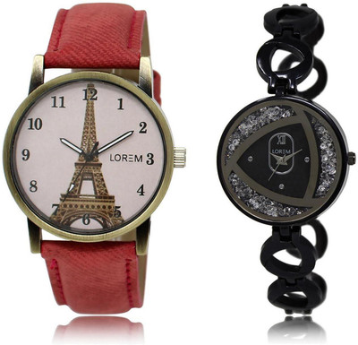 

LOREM LR230-237 Stylish Silver & Pink Round Girl's Metal Bracelet & Leather Watch - For Women