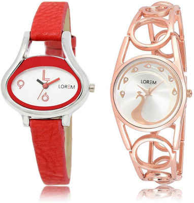 

LOREM LR206-232 Stylish Silver & White Round & Oval Girl's Metal Bracelet & Leather Watch - For Women