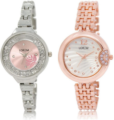 

LOREM LR226-228 Stylish Silver & Pink Round Girl's Metal Bracelet Watch - For Women