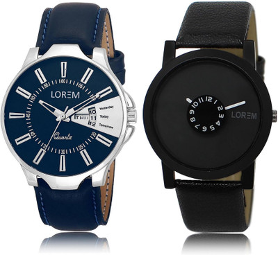 

LOREM LR23-25 Stylish Black & Blue Round Boy's Leather Watch - For Men