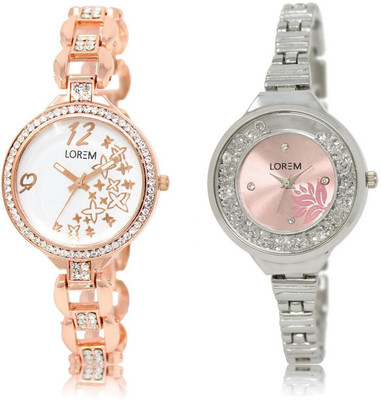 

LOREM LR210-226 Stylish Pink & White Round Girl's Metal Bracelet Watch - For Women