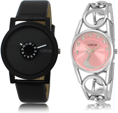 

LOREM LR25-233 Stylish Pink & Black Round Boy's & Girl's Metal Bracelet & Leather Watch - For Men & Women