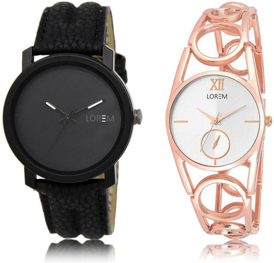 

LOREM LR21-213 Stylish Silver & Black Round Boy's & Girl's Metal Bracelet & Leather Watch - For Men & Women