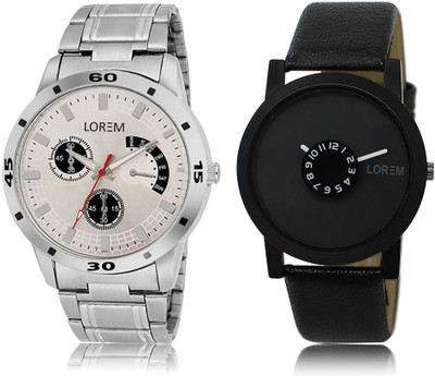

LOREM LR25-101 Stylish Black & Silver Round Boy's Leather & Metal Bracelet Watch - For Men