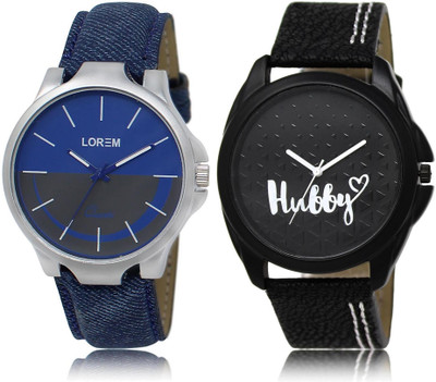 LOREM LR24-31 Stylish Black & Blue Round Boy's Leather Watch - For Men