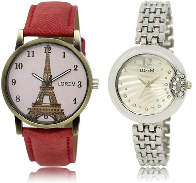 

LOREM LR227-230 Stylish Silver & Pink Round Girl's Metal Bracelet & Leather Watch - For Women