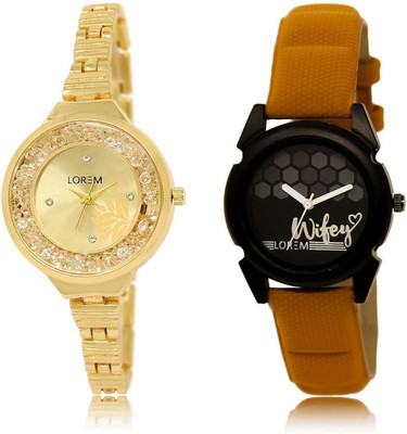 

LOREM LR224-235 Stylish Black & Gold Round Girl's Leather & Metal Bracelet Watch - For Women